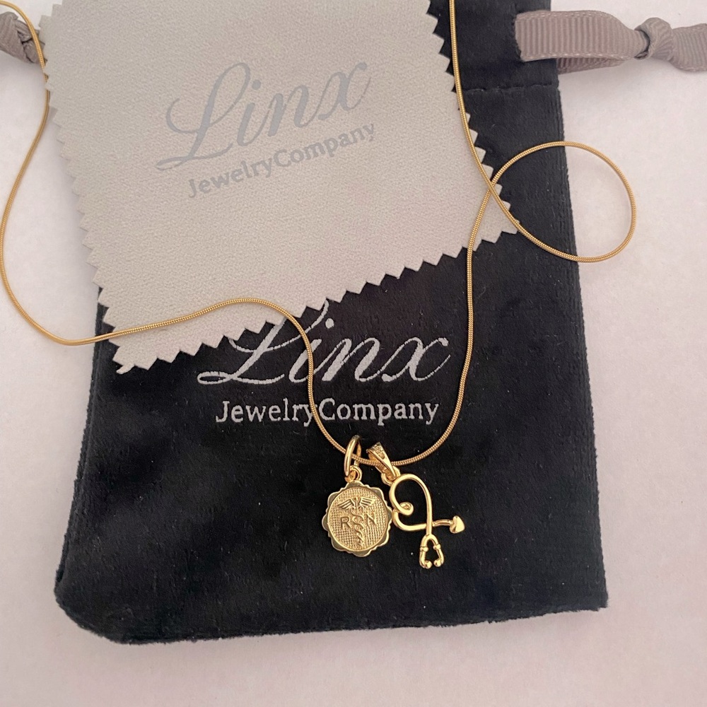 22in Yellow Gold Necklace with Registered Nurse RN and Stethoscope Dangle Charms